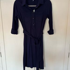 Draper James Knit Tie Dress Navy Collar Button-Up Long Sleeve Pocket Size XS